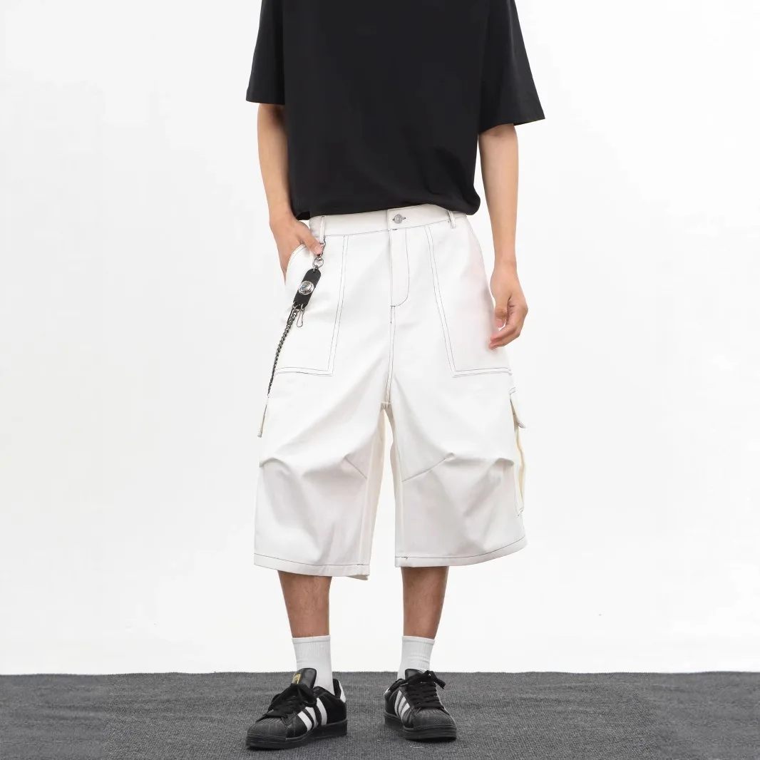 Summer Washed Old Pleated Multi-pocket Tooling Shorts Men's High Street Loose and Versatile Wide-leg Cropped Pants