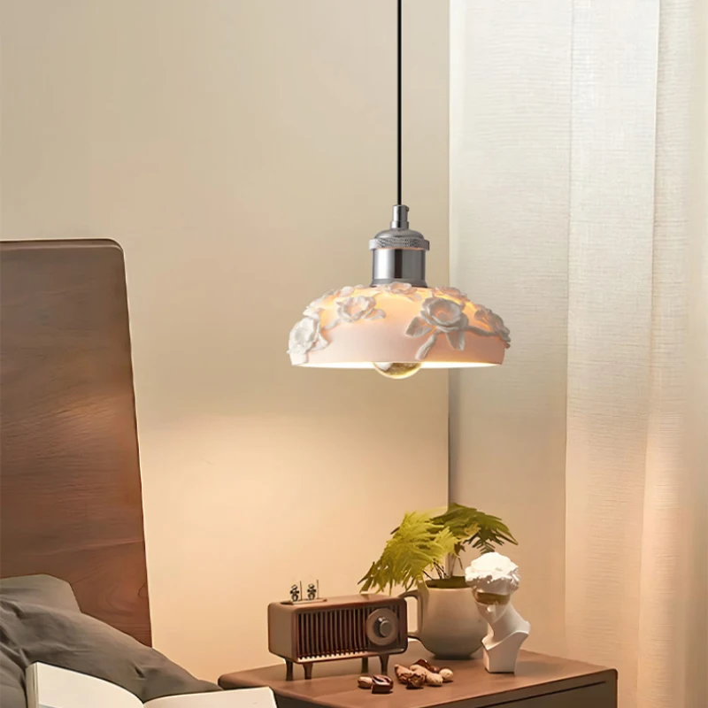 French Retro Embossed Rose Ceramic Small Chandelier Cream Style Three-dimensional Flower Lampshade Bedroom Bedside Lamp