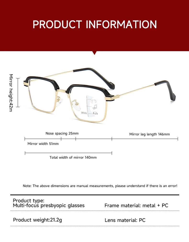 Trendy Multifocal Presbyopia Eyewear Women Men Metal Frame Near Far Reading Glasses  Anti Blue Light Bifocal Diopters Eyeglasses