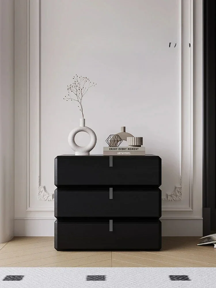 Italian Minimalist Rotating Bedside Table Advanced Bedroom Bedside Cabinet Minimalist Black Oak Wood Grain Three-Bucket Cabinet