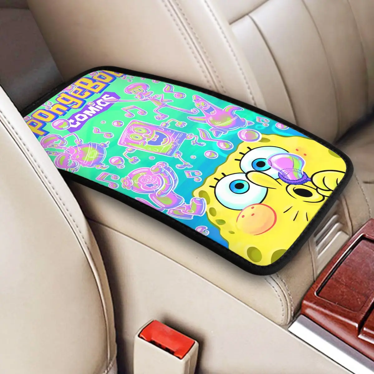 SpongeBobed Comic Cartoon Anime Car Interior Decor Center Console Protector Armrest Storage Box Mat For Most Vehicles