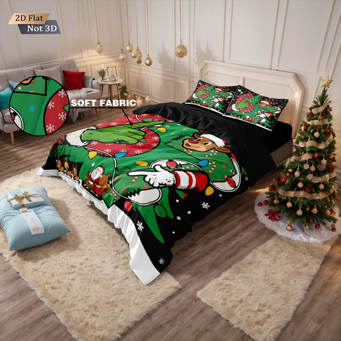 3pcs funny Christmas 67 element printed coreless duvet cover set, multi size bedroom bedding decoration, machine washable