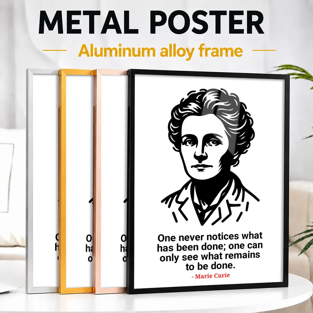 Marie Curie With Quote Framed Aluminum Metal Poster Customized Photo Lettering Style Wall Art For Study Thoughtful Leader Gift