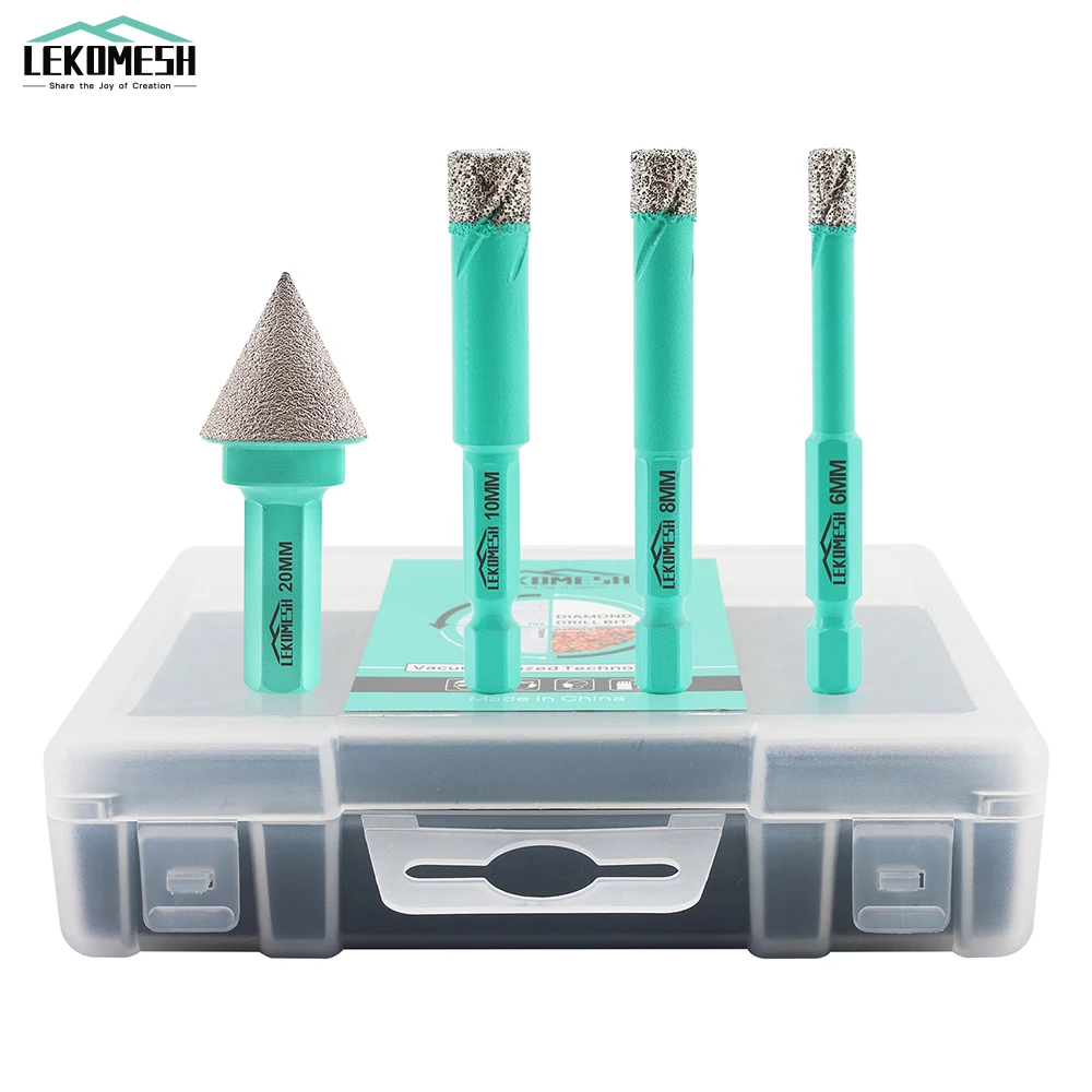 

LEKOMESH 4pcs 6/8/10mm Diamond Drill Bits+Chamfer Bit For Ceramic Tile Granite Marble Hex Quick Release Shank With Box Hole Saw