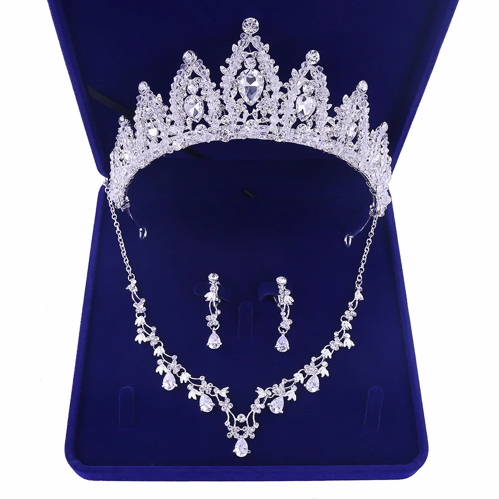 Fashion Zircon Bridal Jewelry Sets Wedding Crown Necklace With Earrings Pin Pearl Crystal Tiara And Crowns Hair Ornaments Women