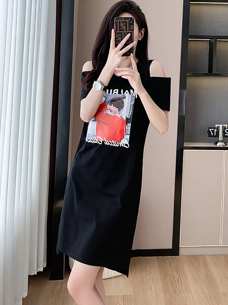Summer Black Print Chic Off Shouler Sexy Midi Dress Women Korean Vintage Festival Dress 2025 Elegant Bodycon Luxury Party Dress
