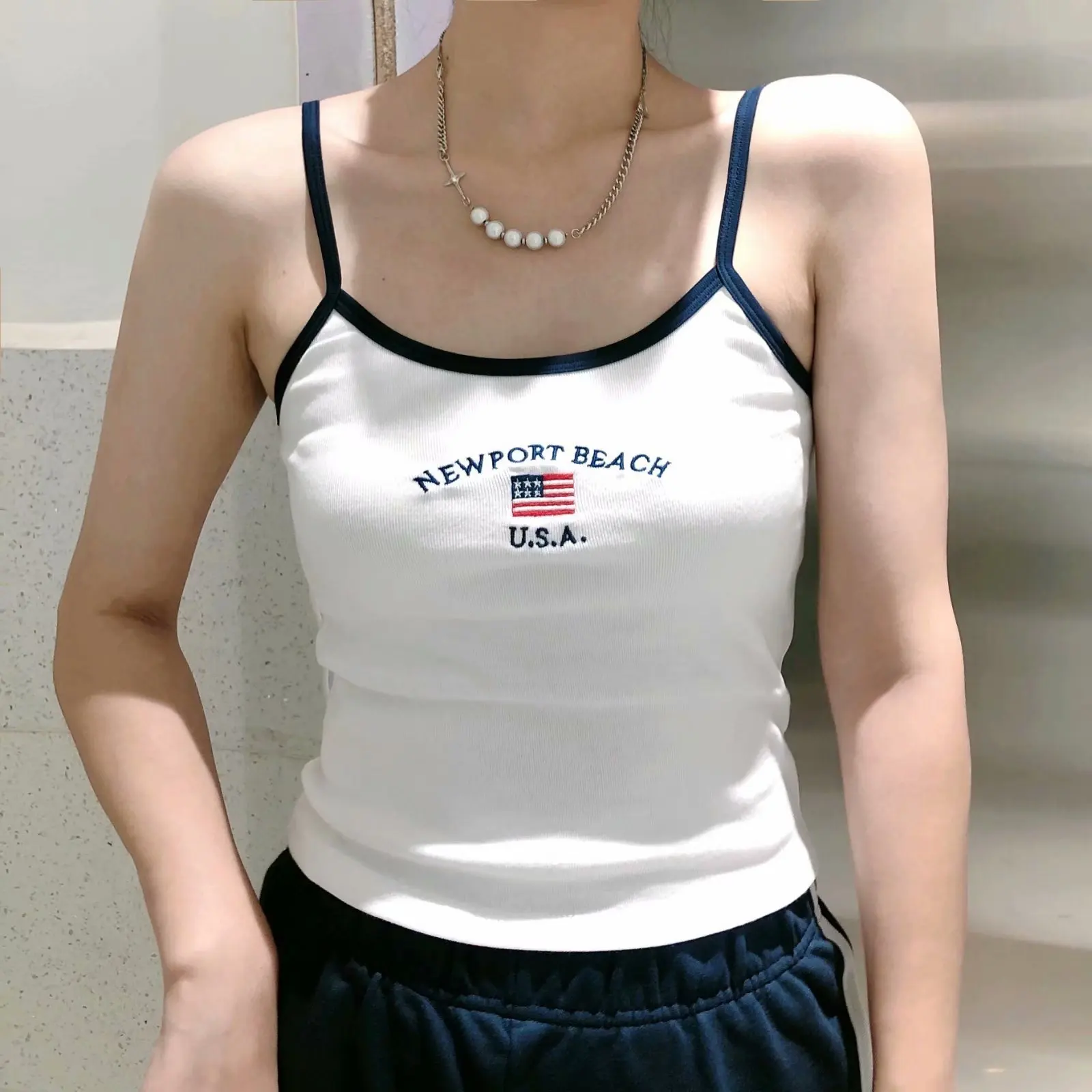 Vintage Flag Embroidery T-Shirts Women Streetwear O Neck Short Sleeve Patchwork Y2k Tops Woman Summer Casual Chic Slim Crop Top