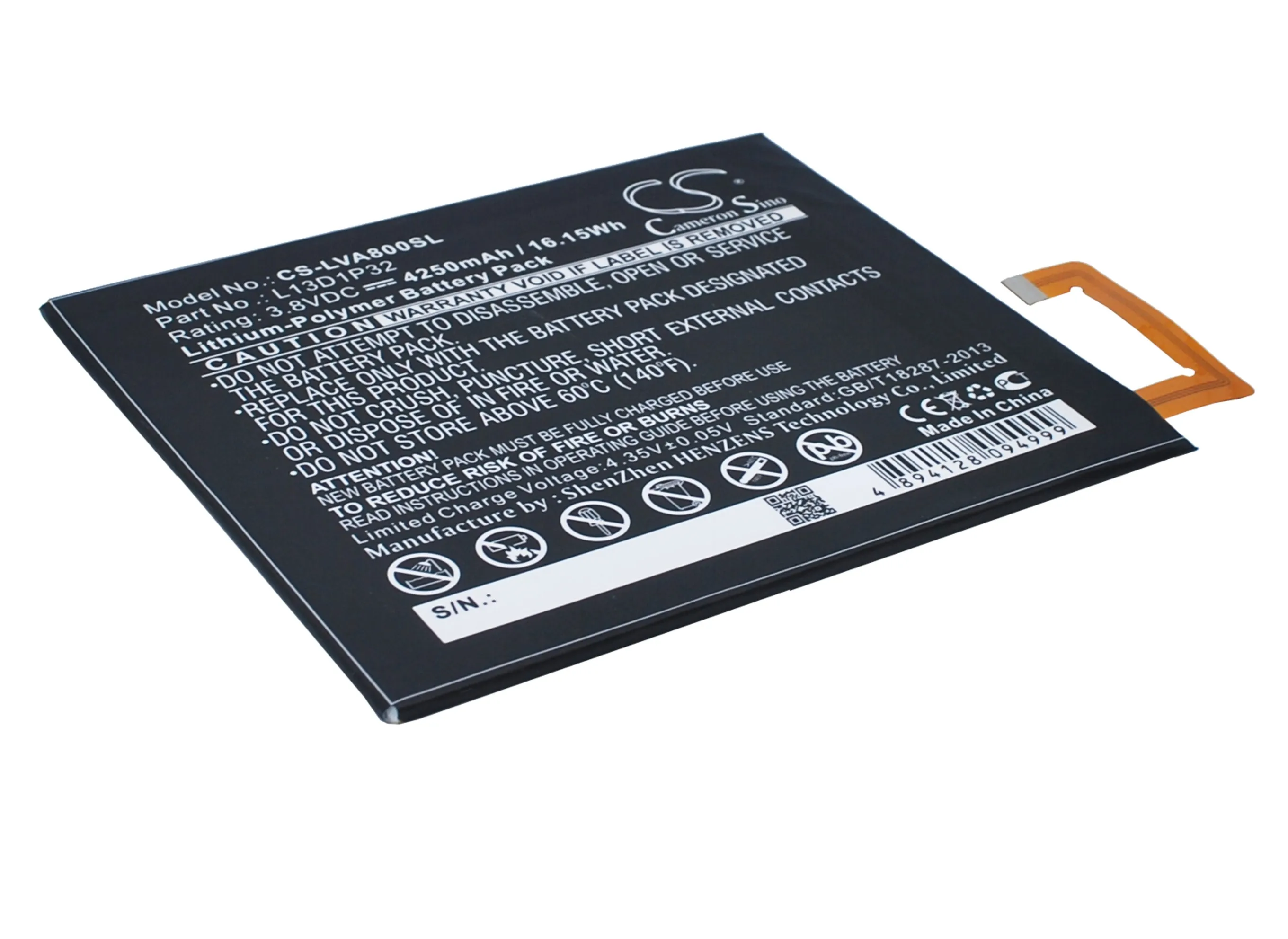 Tablet Battery For  Lenovo L13D1P32 IdeaPad A8  A8-50  A5500  TAB3 8 Volts 3.8  Capacity 4250mAh / 16.15Wh