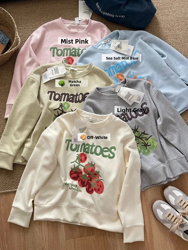 

Spring Release Retro Color Block 3D Tomato Print Loose Casual round Neck Sweatshirt Women's Fashion Comfortable Long Sleeve Top