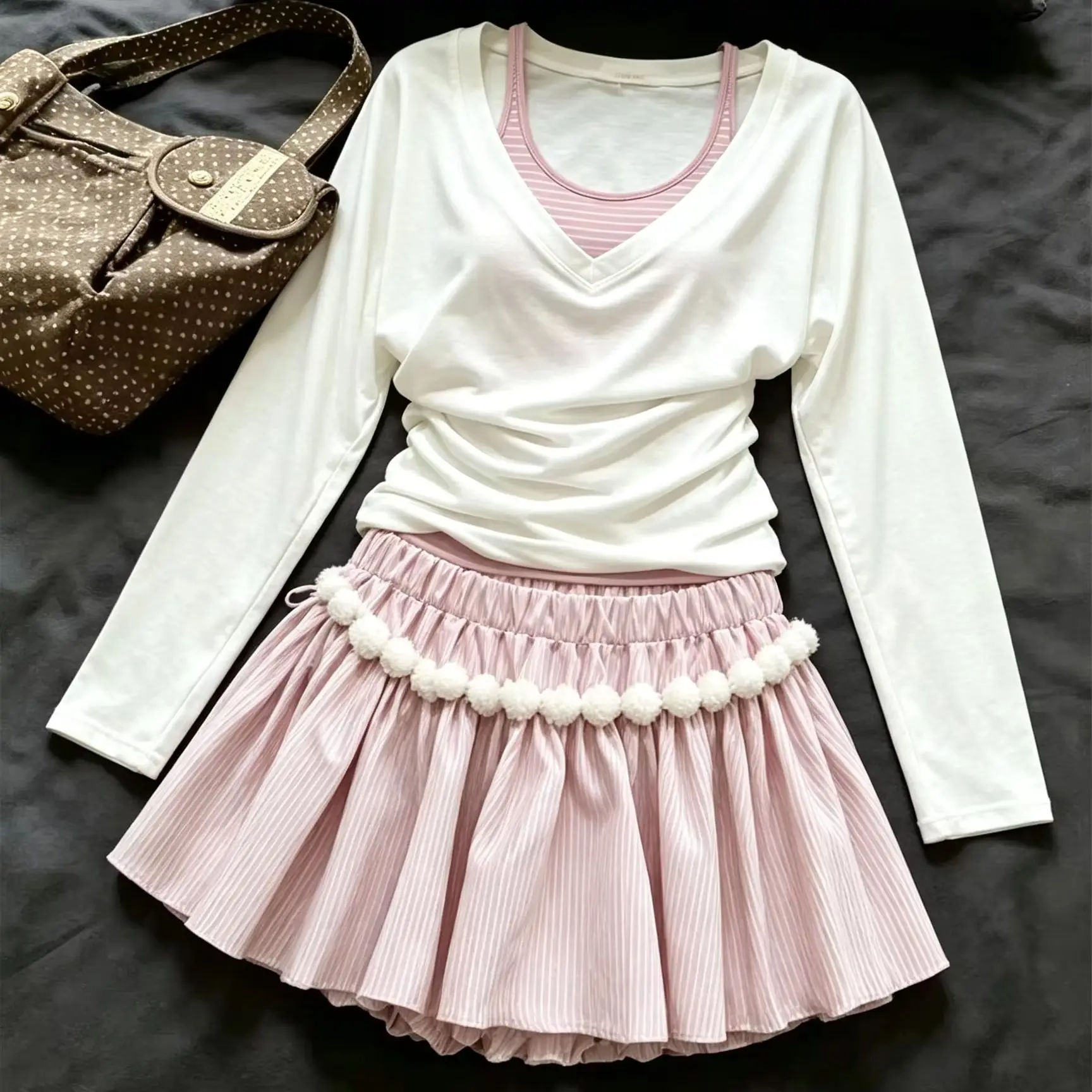 American Retro Women 2 Piece Skirt Set Y2K Crop Top + Mini Skirt Korean Vintage Casual Streetwear Outfits For Ladies
