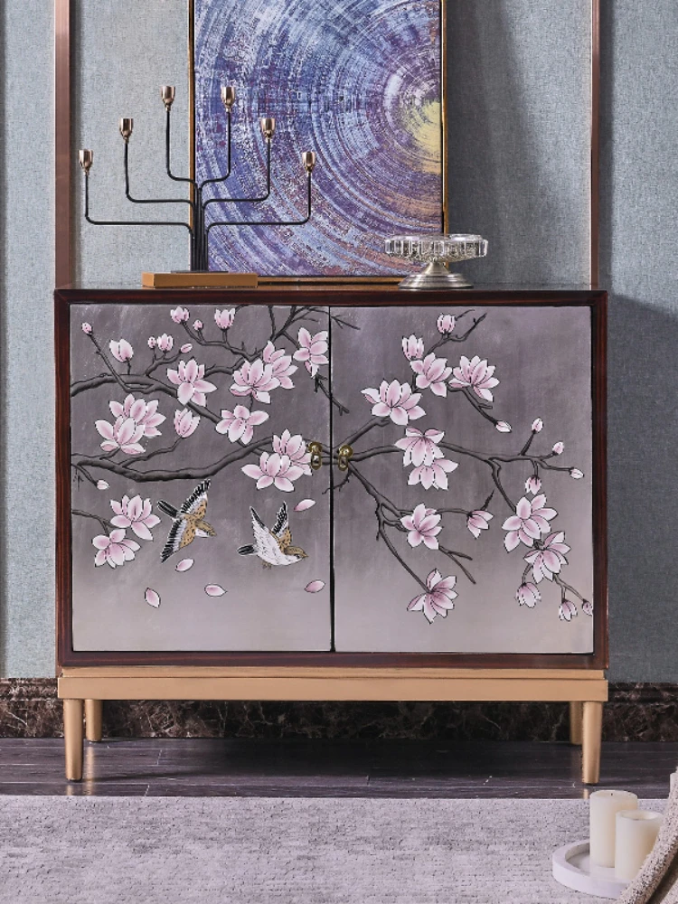 New Chinese-style entrance cabinet hand-painted living room cabinet light luxury ebony shoe cabinet foyer cabinet