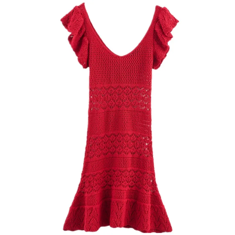 Novo Lançamento de Verão Vestido  de Malha com Decote em V para Mulheres Textura em Camadas 39903 Vestido de Cauda de P...