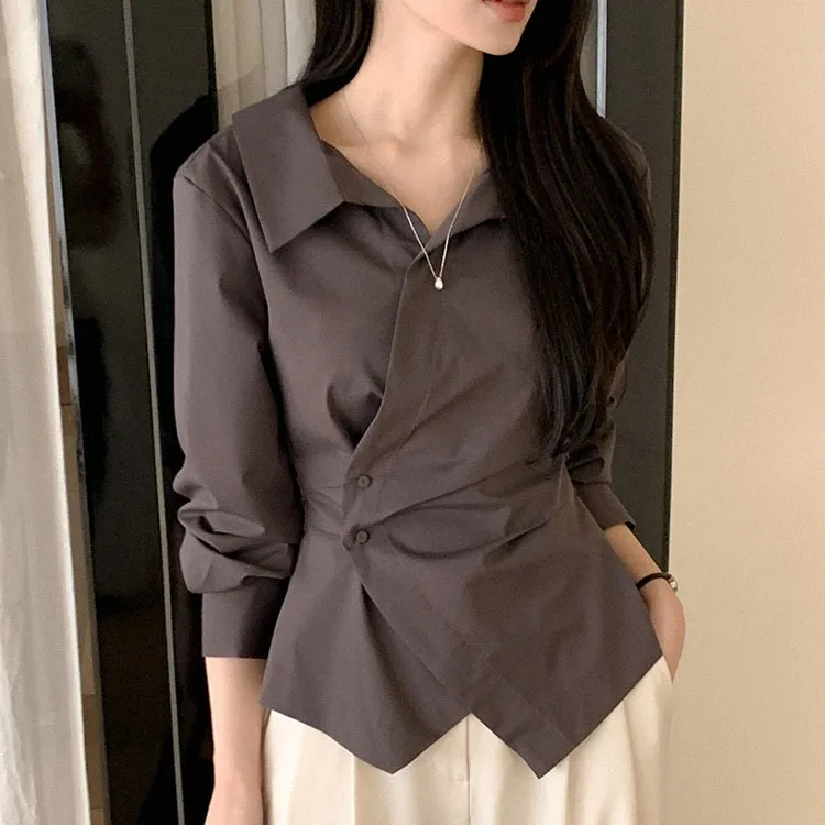 

Элегантная женская рубашка с длинным рукавом во французском стиле, облегающая, повседневная, дышащая, из полиэфирного волокна, шикарный весенний модный топ