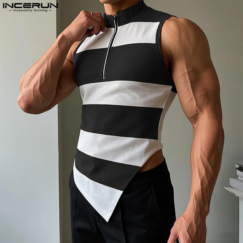 

2025 INCERUN Men Tank Tops Sleeveless Striped Tops Tee Irregular Streetwear Men's Clothing Summer Tank Stand Collar Zipper Tops