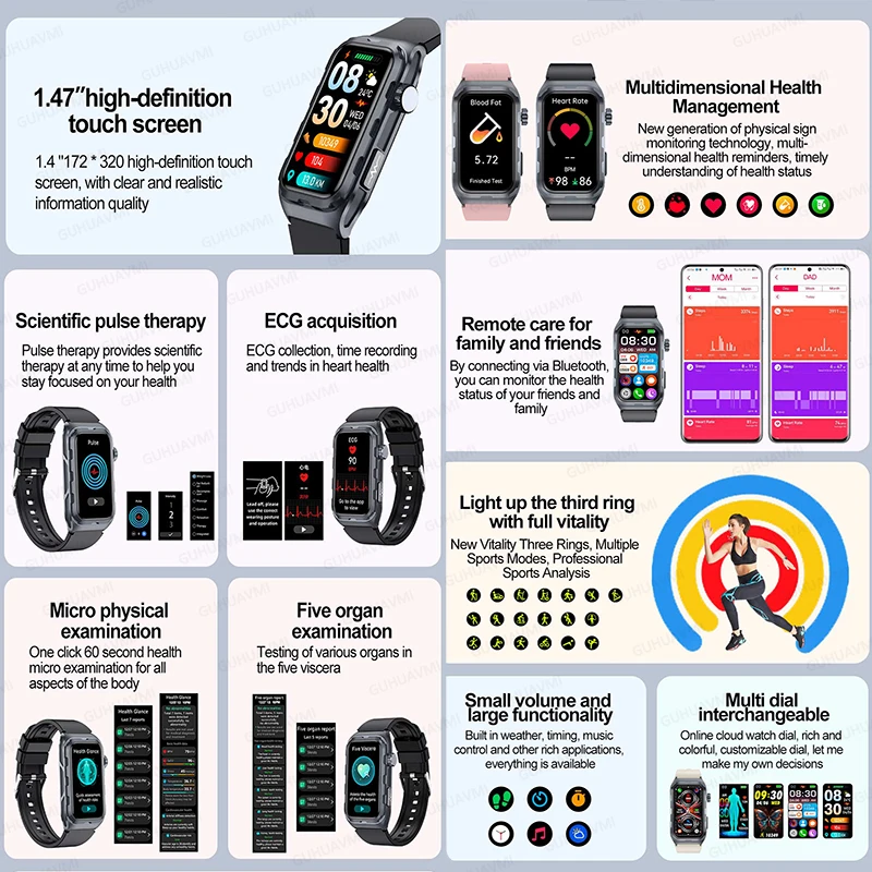 2025 New Nursing Grade ECG+PPG Pulse therapy Smartwatch Men Blood lipid Uric acid Bluetooth call Health Bracelet For Android iOS