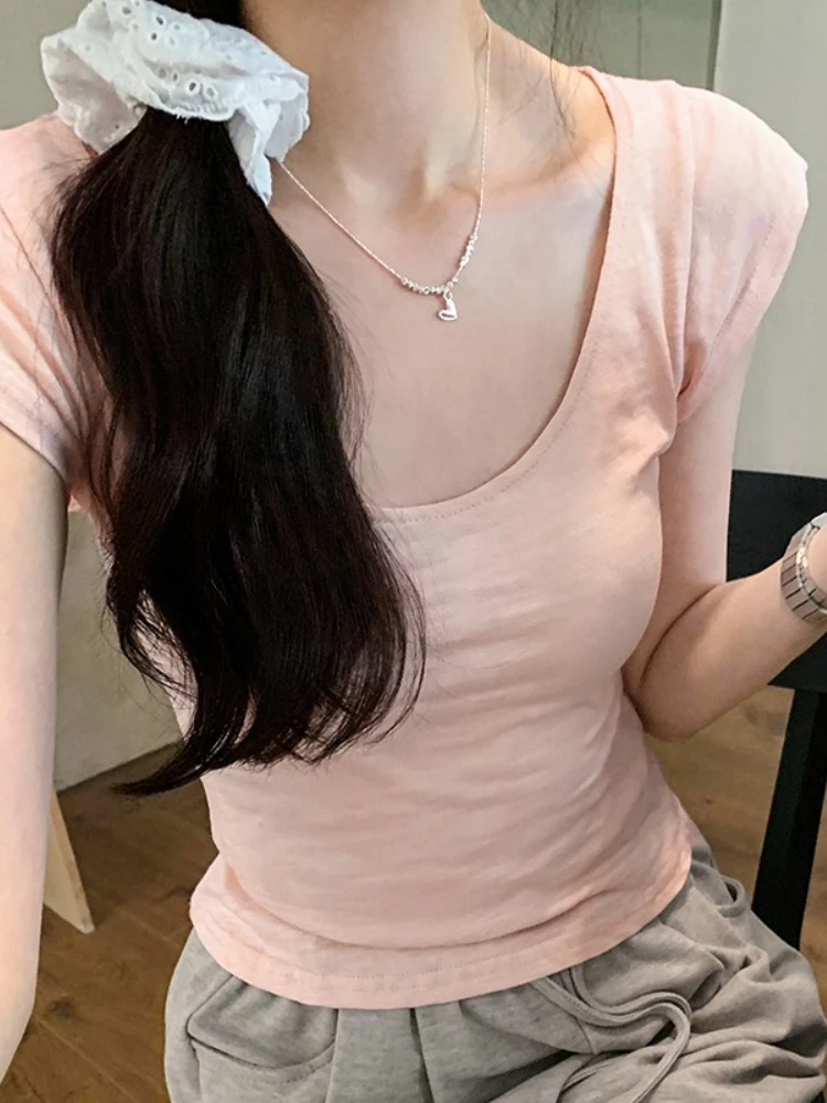 2026 Summer New Arrival U-Neck Women T-shirt Bamboo Cotton Slim Fit Short Sleeve Tee Casual Versatile Basic Layering Top