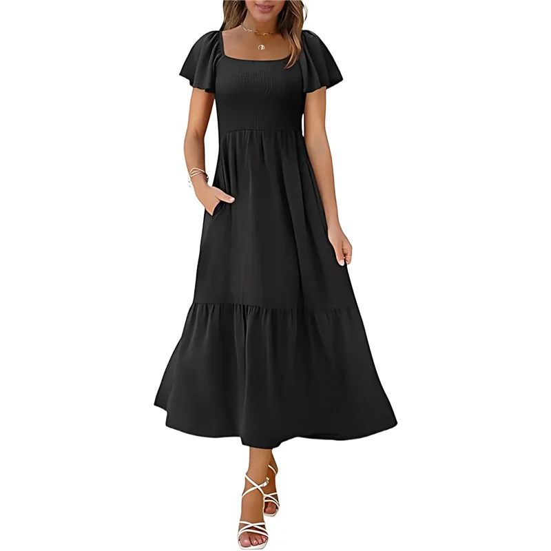 A09P Damska Letnia Sukienka Midi z Kwadratowym Dekoltem, Falbankami na Rękawach, w Stylu Boho, Marszczona, Rozkloszowana, Zwiewna, Warstwowa, Skromna, z Kieszeniami