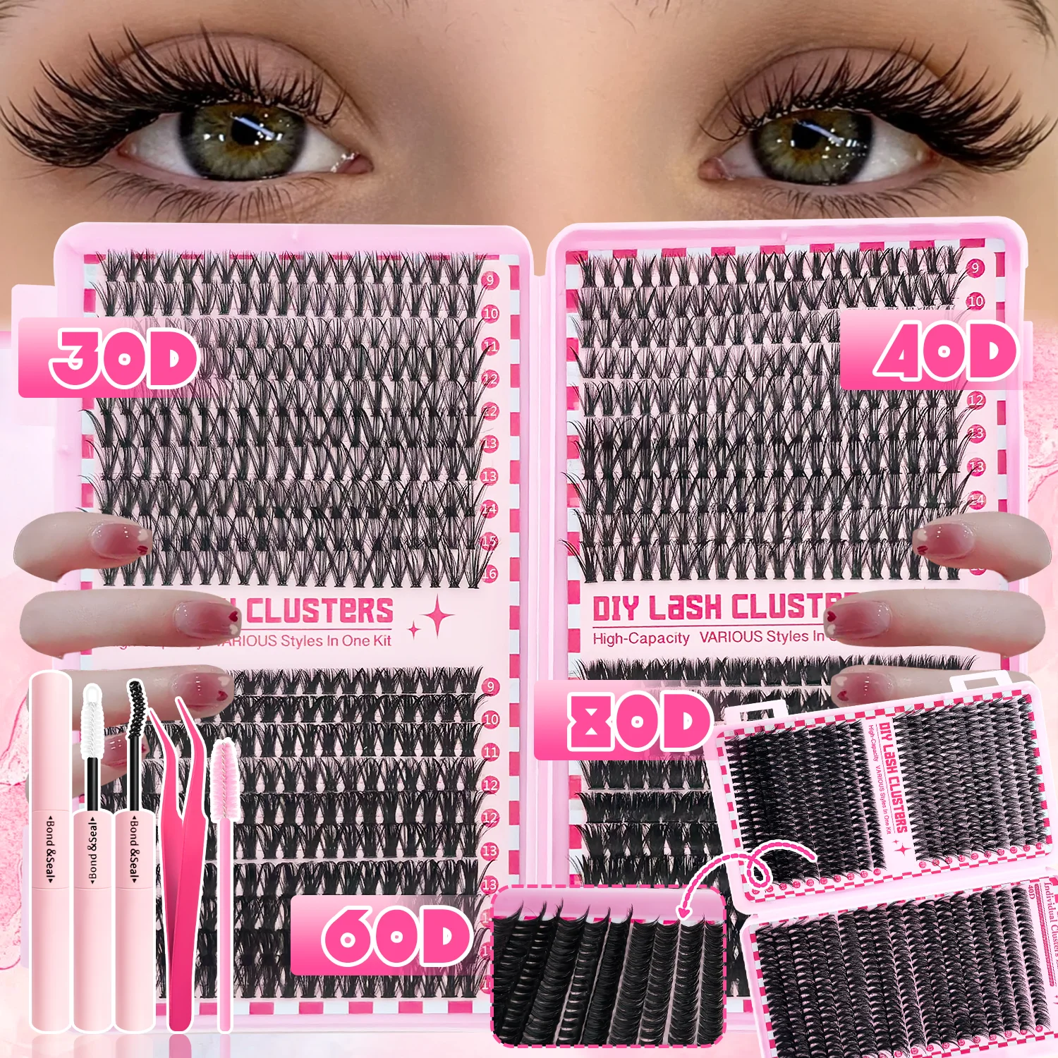 Kit de racimo de pestañas, 740/800 Uds., longitudes mixtas, extensiones de pestañas ultraligeras e impermeables, maquillaje Natural diario o aspecto Glam dramático