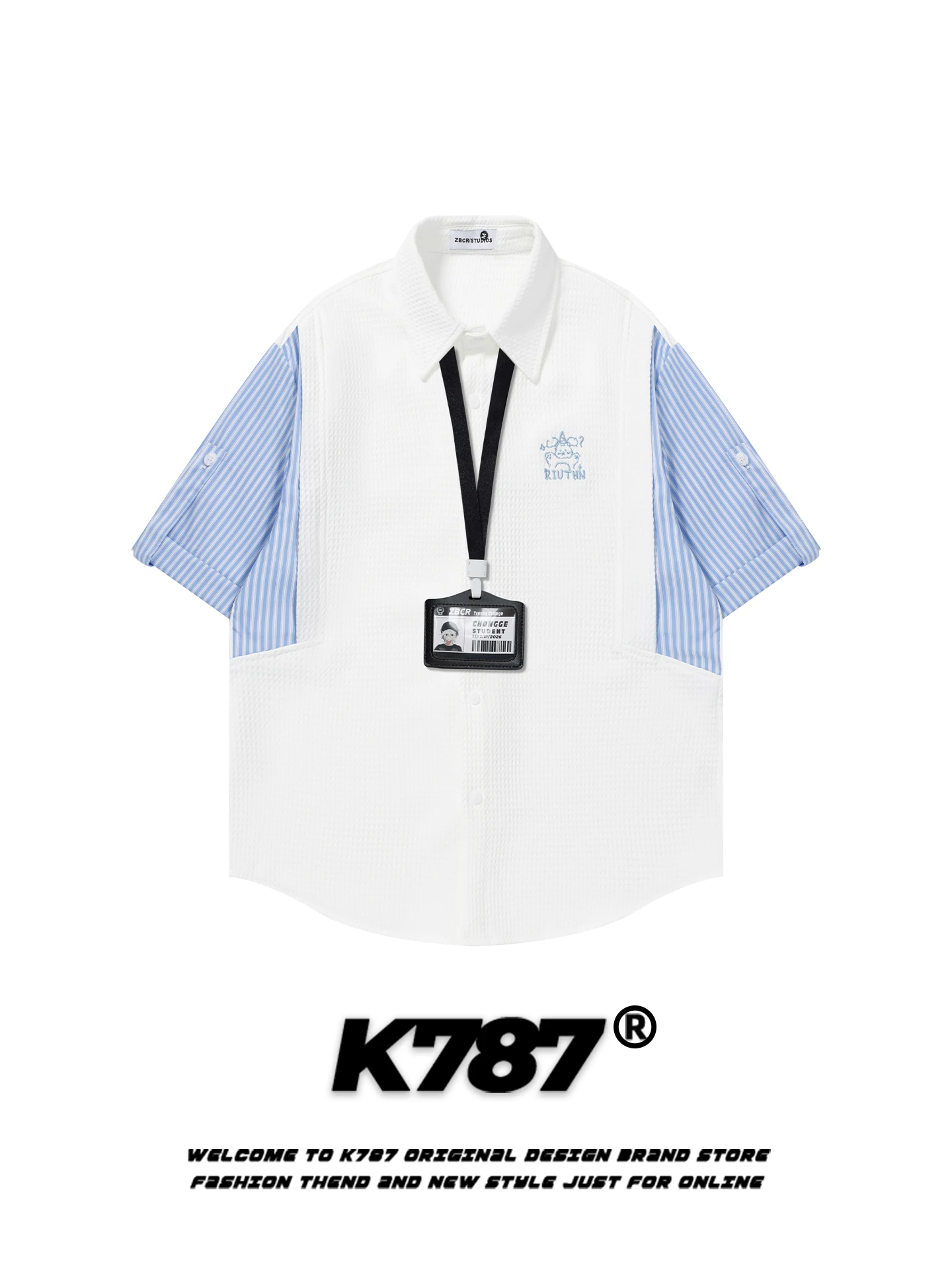 

Рубашка K787 в американском ретро-стиле с полосками, короткий рукав, повседневная, свободного кроя, молодежная, из полиэстера, осенняя, для мужчин и женщин