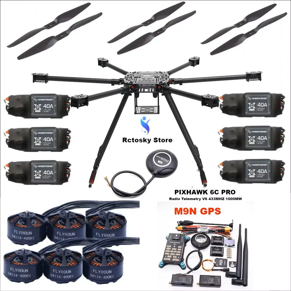 

Rctosky ZD850 Полностью углеродное волокно 850 мм с шестироторной рамой BLHELI 40A ESC Pixhawk 6C PRO 2.4.8 Flight Comtrol Rado Telemetry V5 Set
