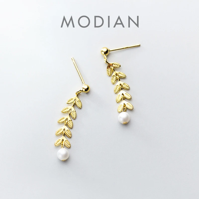 

Modian Authentic 925 Sterling Silver Long Tree Branch Leaves Elegant Pearl Drop Dangle Earring for Women OL Style Fine Jewelry