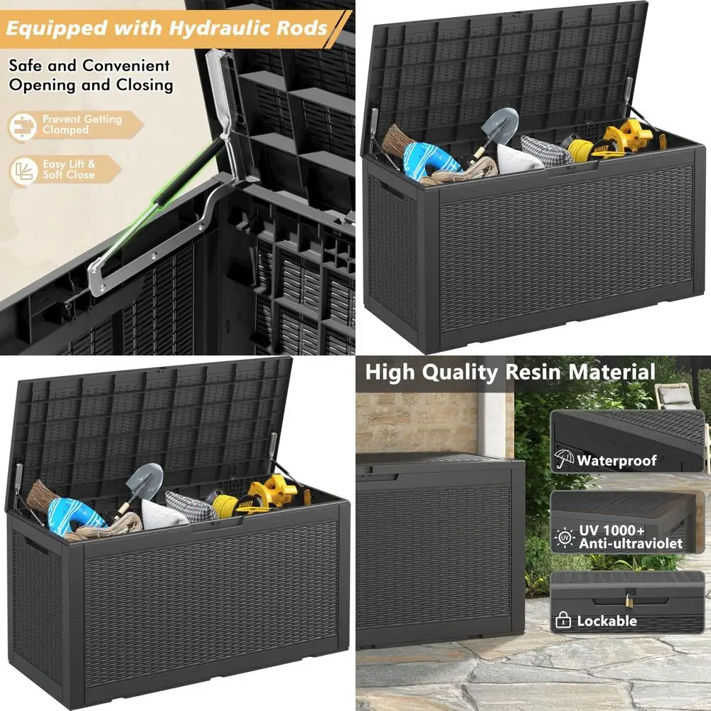 Caja de Almacenamiento de Resina de 102 Galones con Cerradura, Elevación a Gas, para Patio Exterior, Jardín y Almacenamiento en Piscina