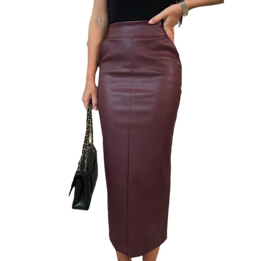 تنورة نسائية عصرية من البولي يوريثان ميدي متعددة الاستخدامات أنيقة تنورة ضيقة غير رسمية للحفلات والمكتب بخصر عالٍ من الجلد