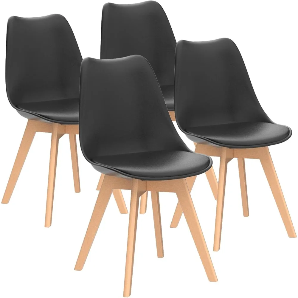 

side chair set of 4 dining kitchen mid-century modern dining chairs with wood legs and pu leather cushion for living room bedro