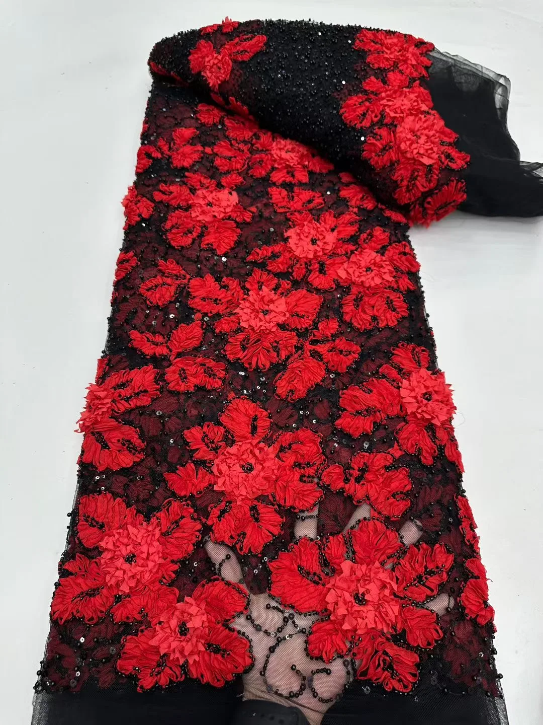 

African Beaded French Lace Fabric Tulle Lace Latest Lace Fabric High Quality 2025 White 3D Flower Embroidery For Sewing