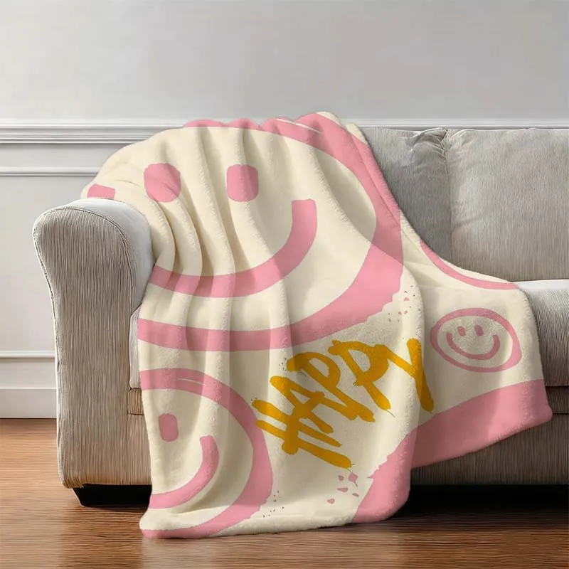 1pc Yellow HAPPY Joyful Face Fusion Printed Flannel Blanket, Lightweight and Easy to Hang, Wrinkle-resistant and Durable, Stays