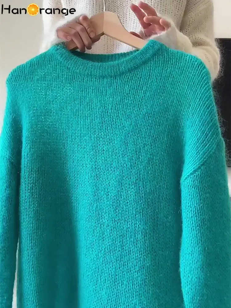 HanOrange 2024 Spring Mohair Knitted Sweater Women Soft Mist Fluffy Warm Lazy Top Knit Pullover Female White, Sea Blue