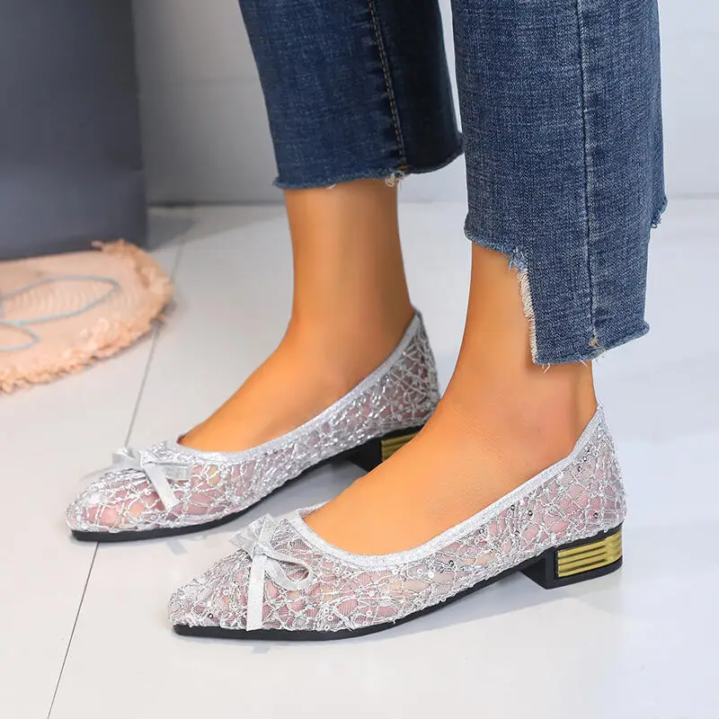 Breathable Hollow Out Lace Upper Pumps Women Summer 2026 Elegant Bowknot Pointed Toe Low Heel Designer Pumps Woman Loafers Shoes view 4