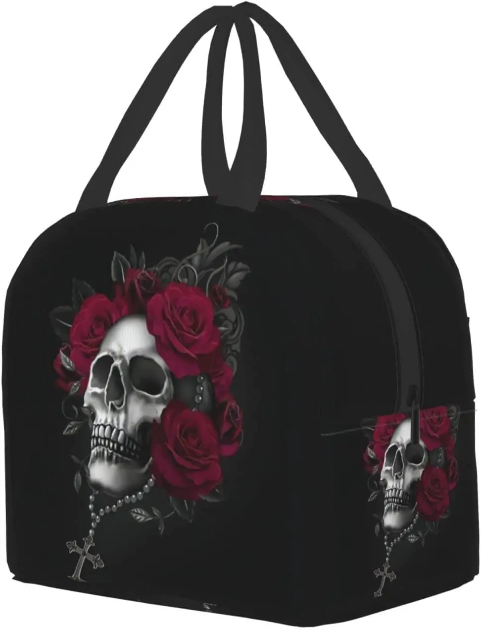 Gothic Rose Skull Insulated Lunch Box Reusable Cooler Tote Bag Waterproof Lunch Holder Gift for Women & Men Work Picnic Travel