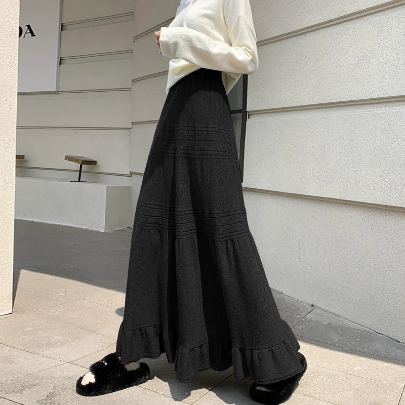 2026 Herfst Winter Kant Splitsen Gebreide Halve Rok Vrouwen Hoge Taille Afslanken Garen Taart Rok Brede A-lijn Casual rok