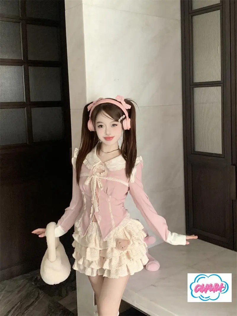 اليابانية الدوبامين ارتداء الحلو دعوى سيدة مزاجه الوردي نحيل الخصر دمية طوق كم طويل قميص أعلى الخريف الباليه كعكة تنورة