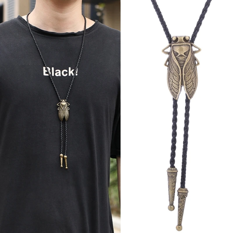 Metal Cicada Bolo Tie  Cowboy Cicada Necktie for Shirt Jeans Western Necklace Braided Shoestring Necktie Bola-Tie