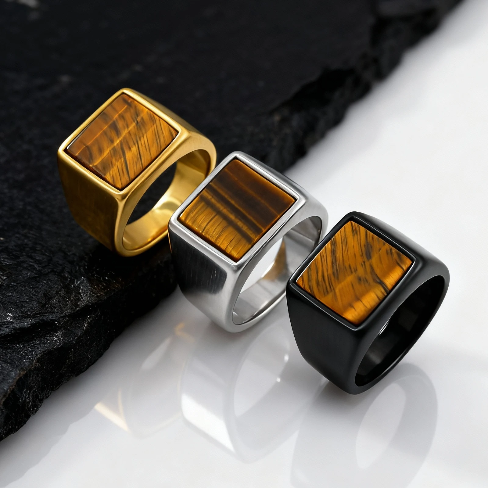 Tiger Eye Stone Ring for Men Boys,Stainless Steel Brown Natural Stone Signet Ring Square Ring,Stylsh Party Jewelry Gift - view 6