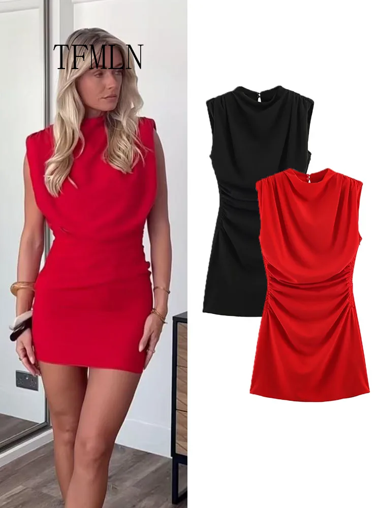 2026 New Women Simple Sheath Mini Dress Sexy Solid Sleeveless Evening Dresses Elegant Folds Slim Side Zipper Causal Dress