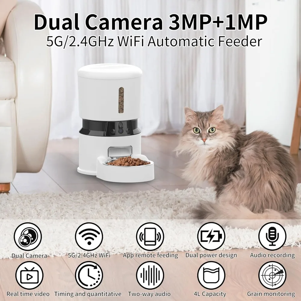 Automatic Cat Feeder with 2 Camera, 2-Way Audio, Timed Smart App, 1080P HD with Night Vision 5G&2.4G WiFi Automatic Pet Feeder