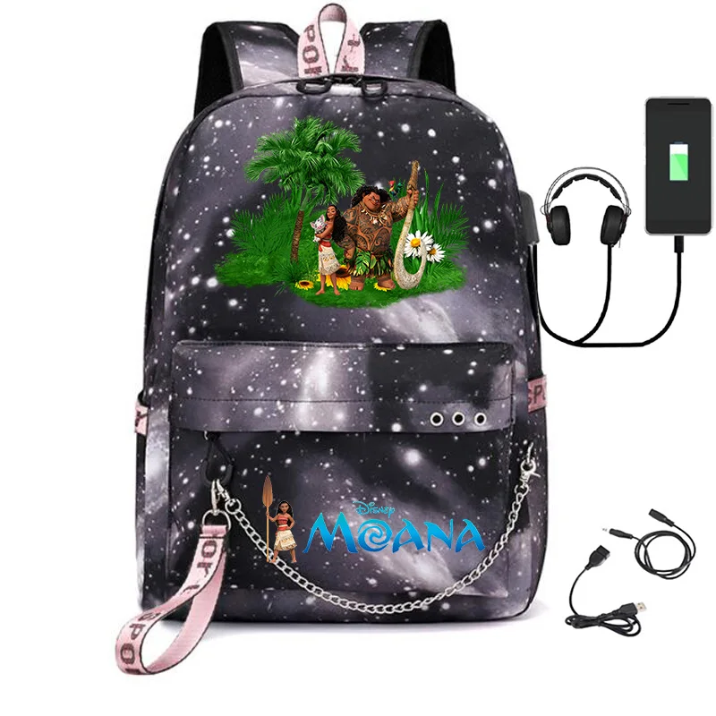 Princess Moana new boys and girls starry sky solid color backpack USB Laptop Teens School Bags