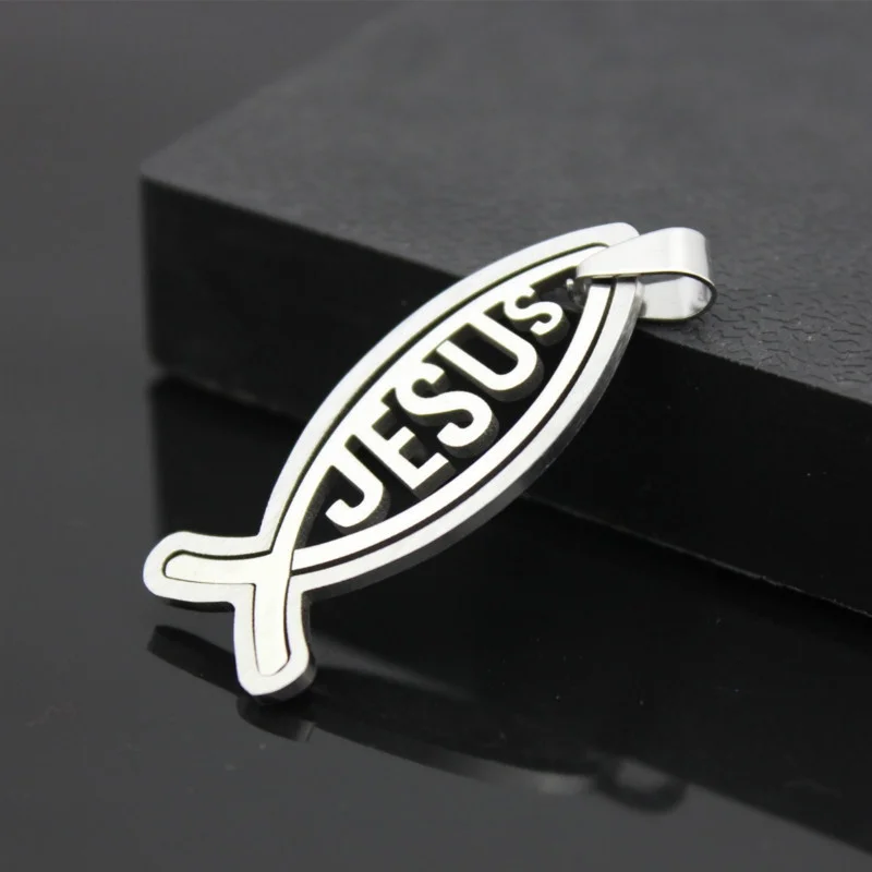 1 Piece Women and Men Stainless Steel 2-in-1 Cross Shaped Fish Pendant Necklace Jesus Hollow Out Pendant Without Chain