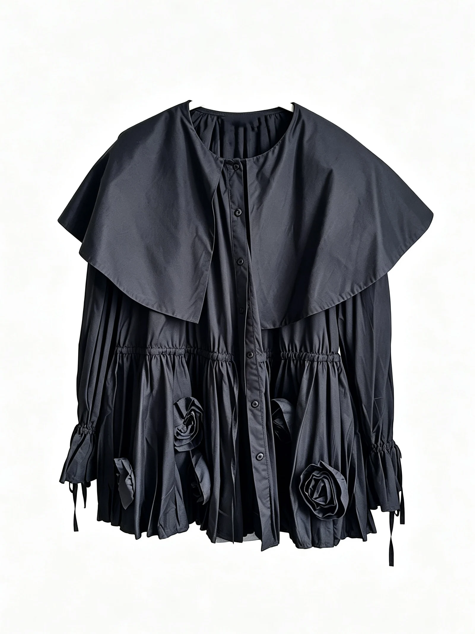 Dark Cloak Style Flower Pleated Large Collar Shirt Women's Loose Fit Long Sleeve round Neck Plant Patterned Kirikomi Home