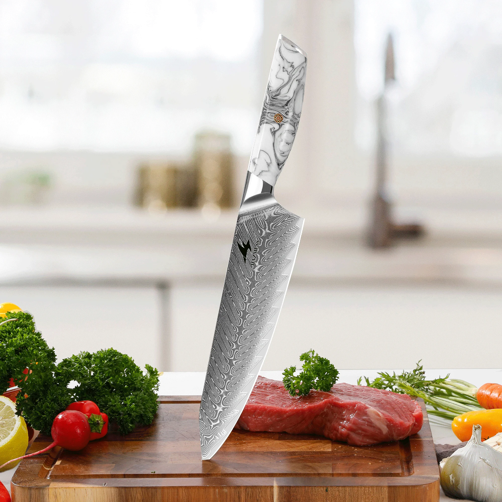 Professional 8 Inch Chef Knife, Japanese Damascus Steel with VG10 Core, Ergonomic Resin Handle, Kitchen Knife for Home & Restaur