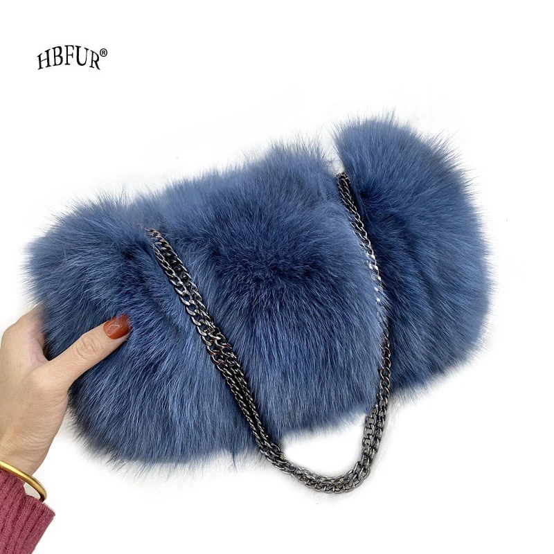 Luxury Real Fox Fur Women Messenger Bag 2022 Winter Ladies Warm Shoulder Bags Designer Fur Tote Bag Evening Party Clutch Bag