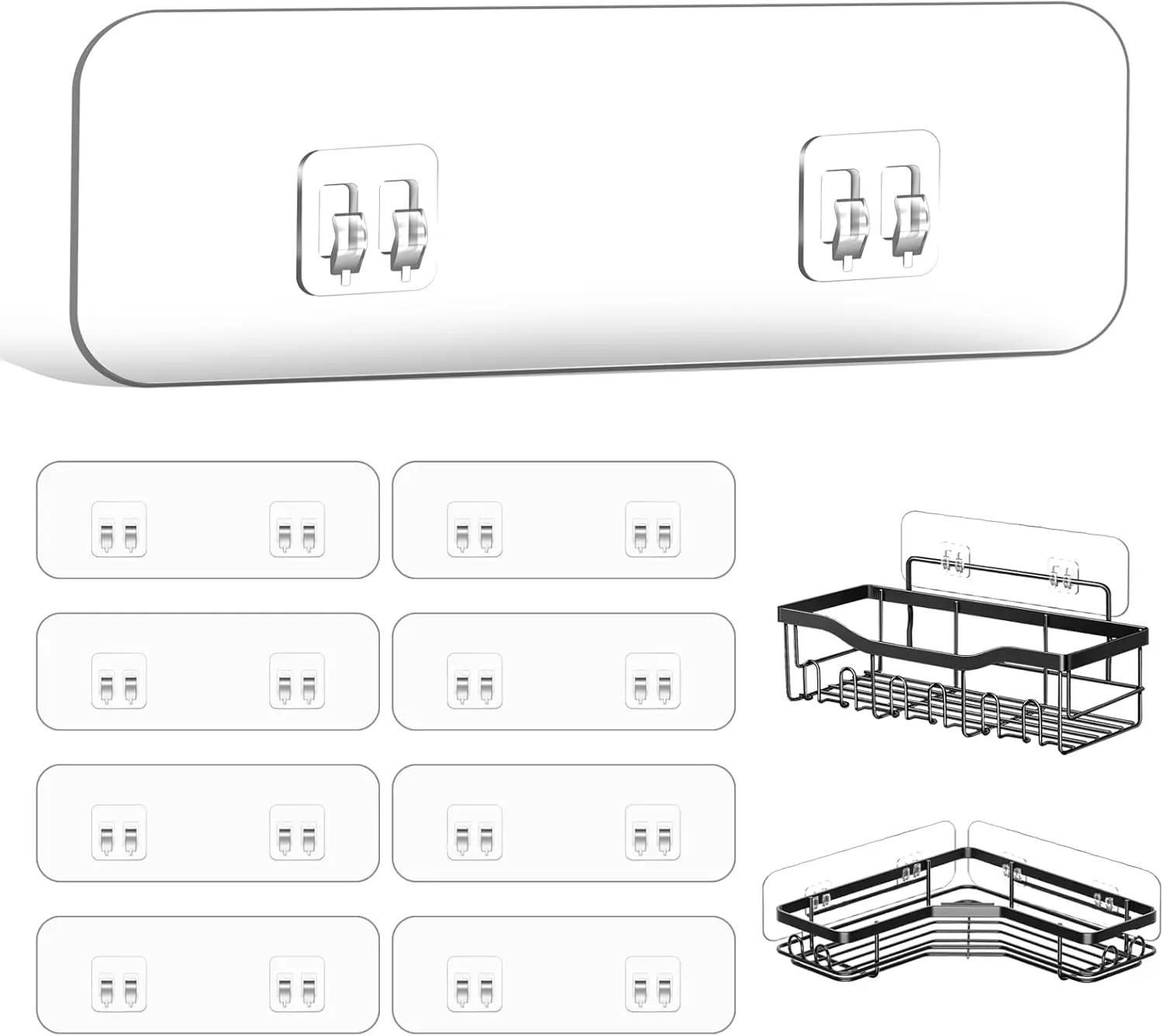 

9-Pack Transparent Adhesive Hooks for Shower Caddy, Bathroom Shelves, and Kitchen Storage - Strong Hold, No Drilling Needed