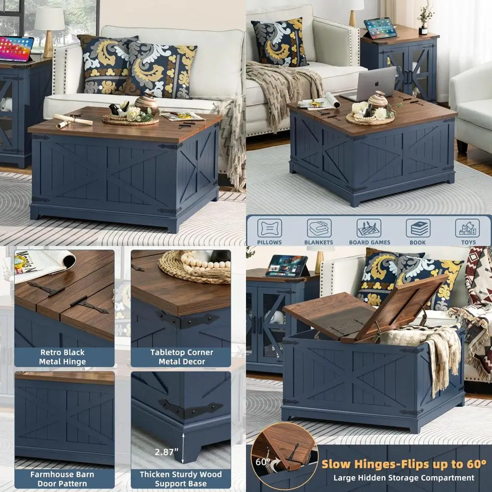

Farmhouse Coffee Table with Hidden Storage Organizer, Modern Square Large Center Table, Wood Farm House Low Navy Blue Living Roo