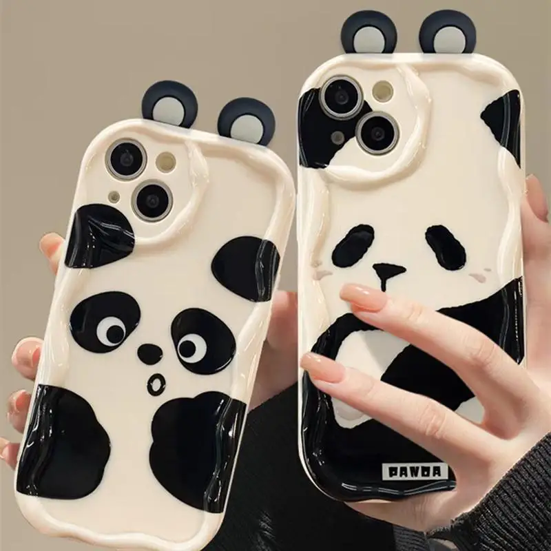 Cartoon 3D Panda Ears Case for Samsung Galaxy A30 A31 A50 A50S A30S A20 A51 A71 A02 A03 Core A02S A10 A11 A21S Curly Wave Cover