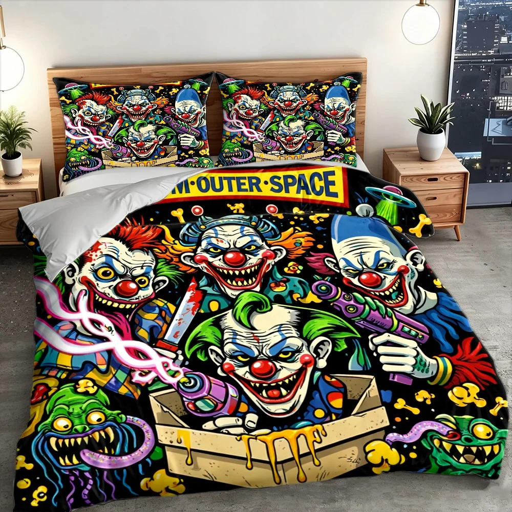3Pc Horror Alien Clown Duvet Cover Set, Three-Piece Bedding Set (1 Duvet Cover + 2 Pillowcases), Suitable for All Seasons, Machine Washable, Invisible Zipper Design, Large Double Bed Cover Set, Suitable for Home, Dormitory, Master Bedroom, Guest Room, Personalized Trendy Graffiti Style Bedding, European and American Style Quirky Alien Creature Print Duvet Cover, Cross-Border Popular Creative Bedding Set, Three-Piece Set