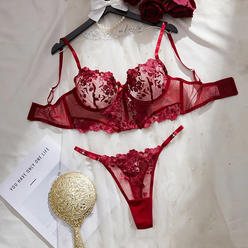 Сексуальное женское белье, красный сетчатый бюстгальтер и трусики, комплект с цветочной вышивкой, прозрачное нижнее белье, женский эротический комплект с 3 точками, романтическое горячее нижнее белье