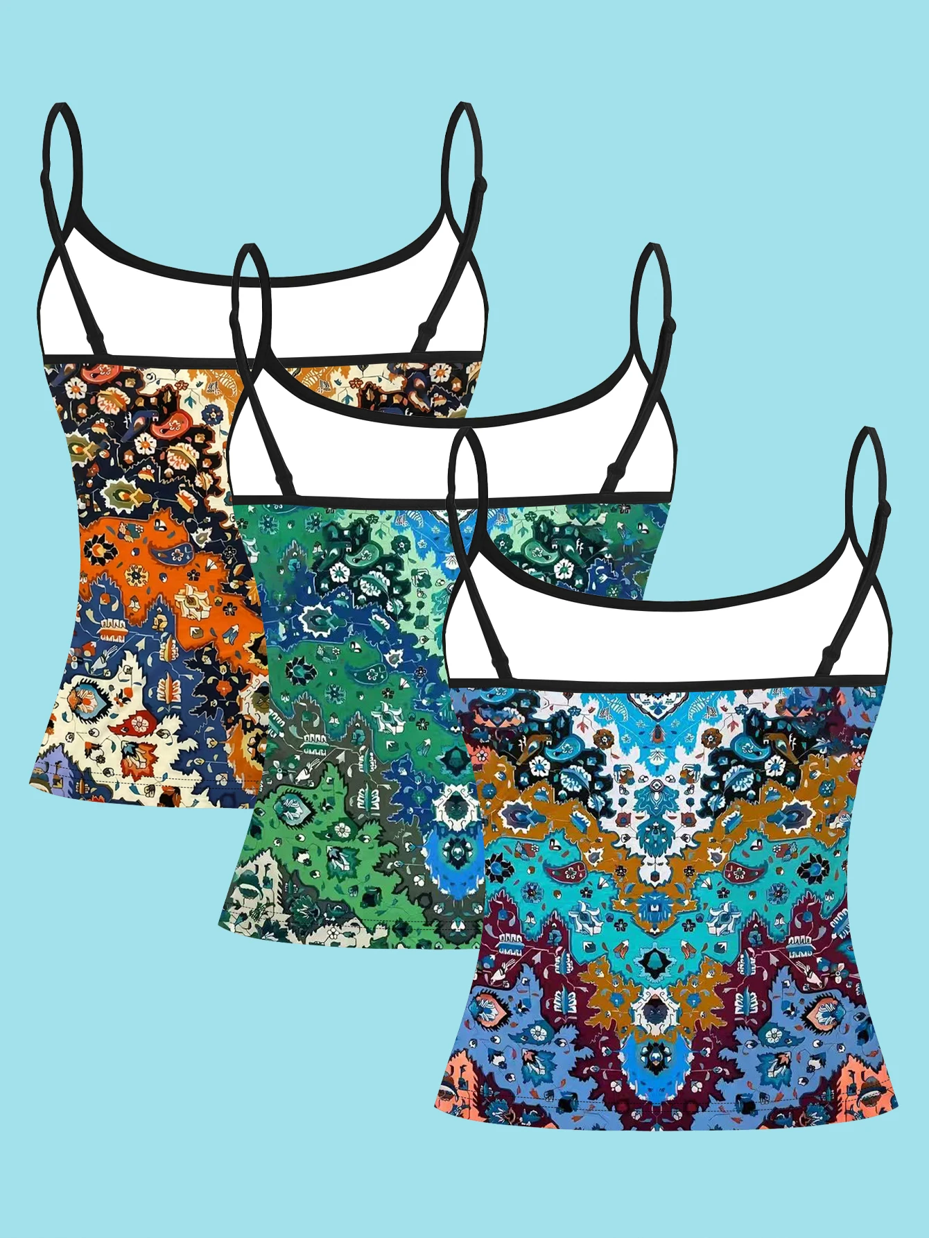 3-Piece Set of Bohemian Style Ethnic Totem Camisoles, Slim-Fitting and Flattering Tank Tops for Millennial Hot Girls, Suitable for Both Inner and Outer Wear